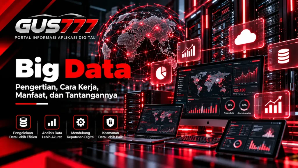 Ilustrasi big data dengan pusat data, server, grafik analisis, dan jaringan informasi digital yang saling terhubung.