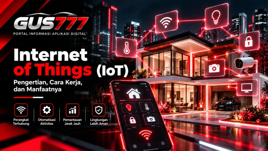 Ilustrasi Internet of Things (IoT) dengan rumah pintar, sensor, kamera keamanan, dan perangkat digital yang saling terhubung.
