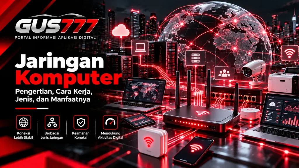 Ilustrasi jaringan komputer dengan router Wi-Fi, server, laptop, dan perangkat digital yang saling terhubung melalui jaringan komunikasi.