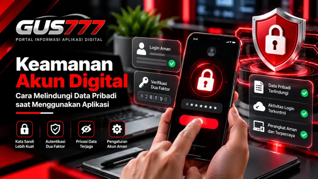 Ilustrasi keamanan akun digital dengan perlindungan kata sandi, autentikasi dua faktor, dan pengamanan data pribadi pada smartphone.