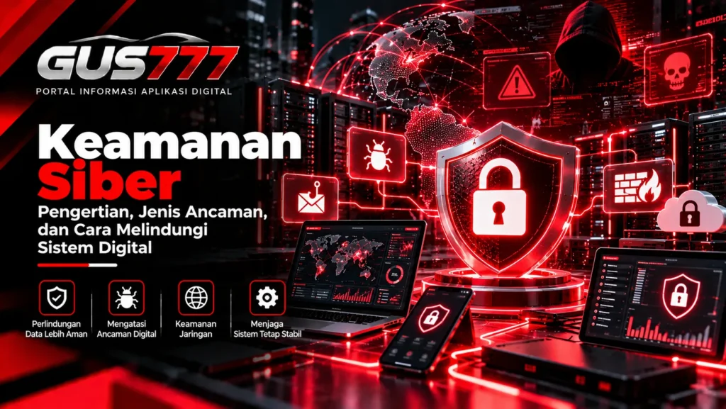 Ilustrasi keamanan siber dengan perisai digital, simbol gembok, server, dan perlindungan jaringan komputer dari ancaman digital.