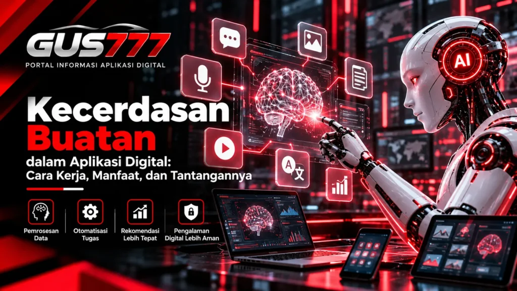 Ilustrasi kecerdasan buatan dalam aplikasi digital dengan robot AI, jaringan saraf, pemrosesan data, dan teknologi otomatisasi.