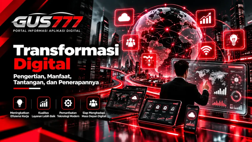 Ilustrasi transformasi digital dengan globe terhubung, kota futuristik, dashboard analisis, dan perangkat teknologi modern.